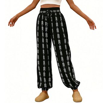 Women's High Waist Elastic Waistband Drawstring Comfy Loose-Fit Casual Beach Trousers
