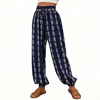 Women's High Waist Elastic Waistband Drawstring Comfy Loose-Fit Casual Beach Trousers