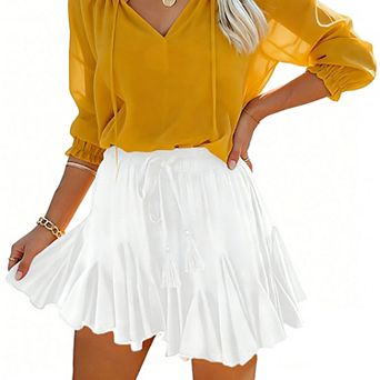 Women's Ruffled Mini Skirt Elastic Drawstring Tassels Waistband Flowy Casual Skirt for Summer Wear