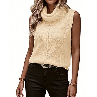Women's Sleeveless Turtleneck Knit Vest Ribbed Relaxed Fit Soft Stand Collar Casual Tops