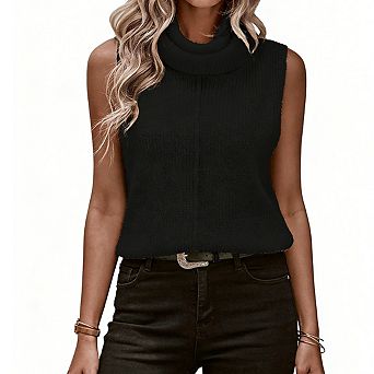 Women's Sleeveless Turtleneck Knit Vest Ribbed Relaxed Fit Soft Stand Collar Casual Tops