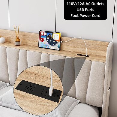 Bed Frame with Drawer, Storage Headboard and Charging Station, No Box Spring Needed