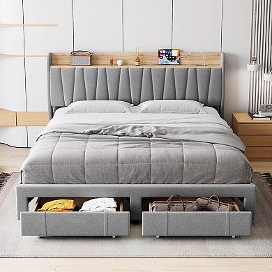Bed Frame with Drawer, Storage Headboard and Charging Station, No Box Spring Needed