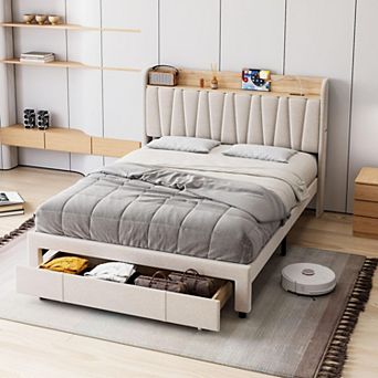 Bed Frame with Drawer, Storage Headboard and Charging Station, No Box Spring Needed