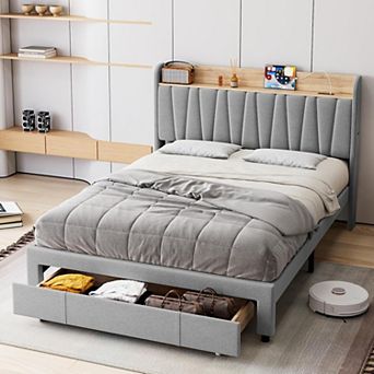 Bed Frame with Drawer, Storage Headboard and Charging Station, No Box Spring Needed