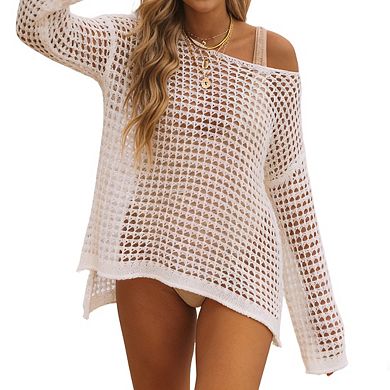 Women's Long Sleeve Open Knit Design Side Slit Lightweight Casual Swimsuit Cover Up