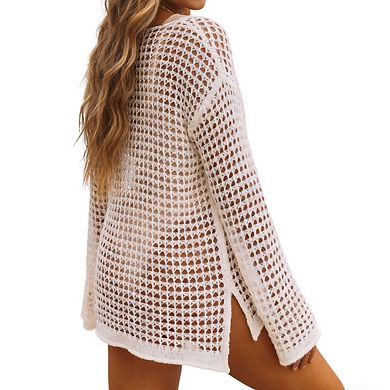 Women's Long Sleeve Open Knit Design Side Slit Lightweight Casual Swimsuit Cover Up