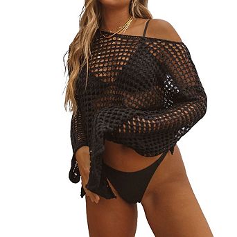 Women's Long Sleeve Open Knit Design Side Slit Lightweight Casual Swimsuit Cover Up