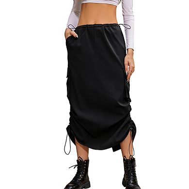 Women's Midi Length Drawstring Waist Side Pockets Ruched Lightweight Casual Cargo Skirt