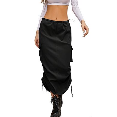 Women's Midi Length Drawstring Waist Side Pockets Ruched Lightweight Casual Cargo Skirt