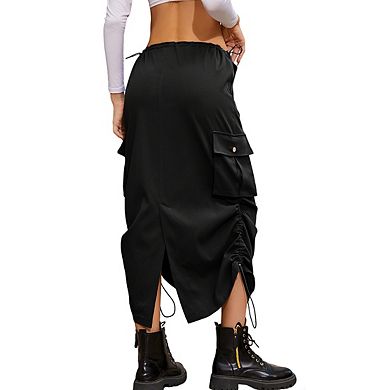 Women's Midi Length Drawstring Waist Side Pockets Ruched Lightweight Casual Cargo Skirt