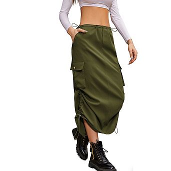 Women's Midi Length Drawstring Waist Side Pockets Ruched Lightweight Casual Cargo Skirt