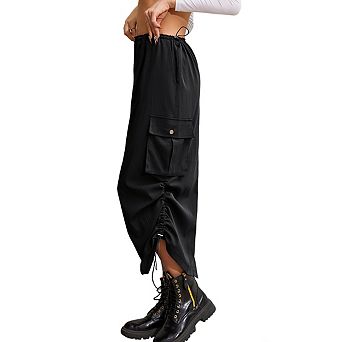 Women's Midi Length Drawstring Waist Side Pockets Ruched Lightweight Casual Cargo Skirt