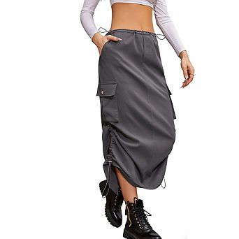 Women's Midi Length Drawstring Waist Side Pockets Ruched Lightweight Casual Cargo Skirt