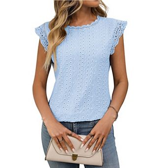 Womens Crewneck Blouses Trendy Sleeveless Ruffle Tank Tops Ruched Loose Basic Shirts