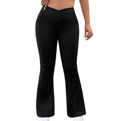Women Bootcut Flare Leggings with Pockets Crossover Flared Leggings Tummy Control Stretch Yoga