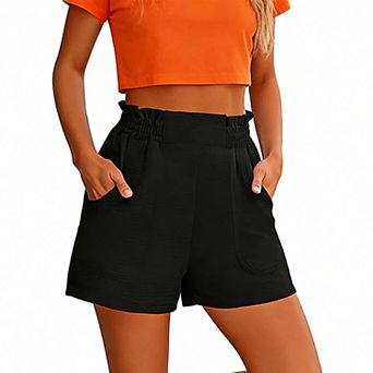 Women's High-Waisted Casual Shorts Elastic Waistband Loose-Fit Summer Shorts with Side Pockets