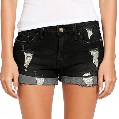 Women's Distressed Detail Rolled Cuff Side Pockets Casual Denim Shorts