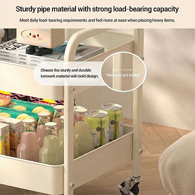 3-Tier Rolling Metal Storage Cart with Flat Top and Locking Wheels for Home, Office or Kitchen
