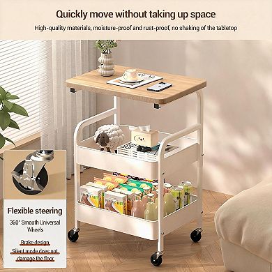 3-Tier Rolling Metal Storage Cart with Flat Top and Locking Wheels for Home, Office or Kitchen