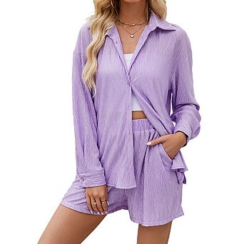 Womens Two Piece Loungewear Set Long Sleeve Polo Neck Shirt Drawstring Waist Shorts Casual Wear