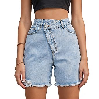 Women's High Waist Frayed Hem Asymmetric Button Side Pockets Relaxed Fit Casual Denim Shorts