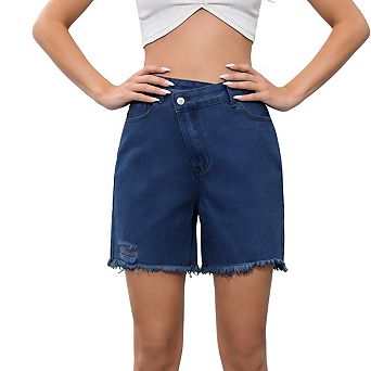 Women's High Waist Frayed Hem Asymmetric Button Side Pockets Relaxed Fit Casual Denim Shorts