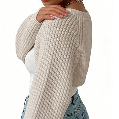 Women's Long Sleeve Open Front Kni Ribbed Relaxed Fit Casual Cropped Cardigan