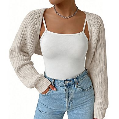 Women's Long Sleeve Open Front Kni Ribbed Relaxed Fit Casual Cropped Cardigan