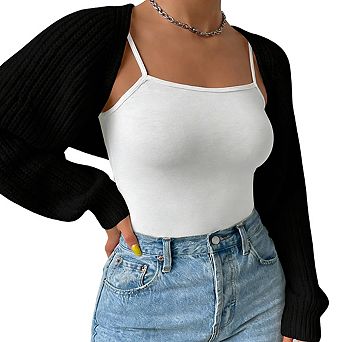 Women's Long Sleeve Open Front Kni Ribbed Relaxed Fit Casual Cropped Cardigan
