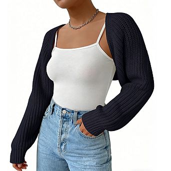 Women's Long Sleeve Open Front Kni Ribbed Relaxed Fit Casual Cropped Cardigan