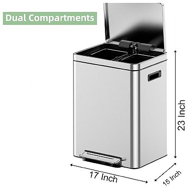 Dual Compartment Kitchen Trash Can - 10.6 Gal (2 x 20L) Stainless Steel Step Recycling Bin
