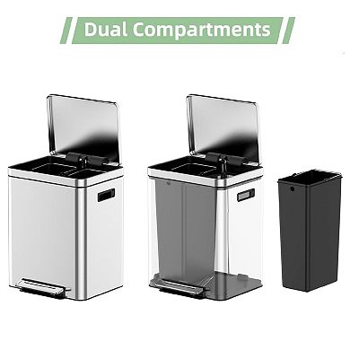Dual Compartment Kitchen Trash Can - 10.6 Gal (2 x 20L) Stainless Steel Step Recycling Bin
