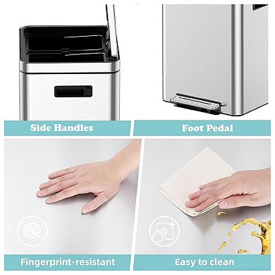 Dual Compartment Kitchen Trash Can - 10.6 Gal (2 x 20L) Stainless Steel Step Recycling Bin