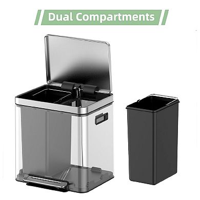 Dual Compartment Kitchen Trash Can - 10.6 Gal (2 x 20L) Stainless Steel Step Recycling Bin