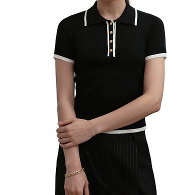 Women's Short Sleeve Polo Neck Button Slim Fit Casual Ribbed Knit Top