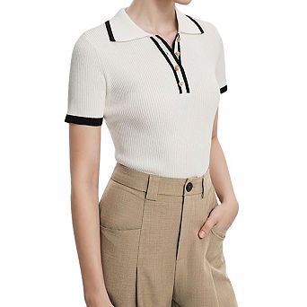 Women's Short Sleeve Polo Neck Button Slim Fit Casual Ribbed Knit Top