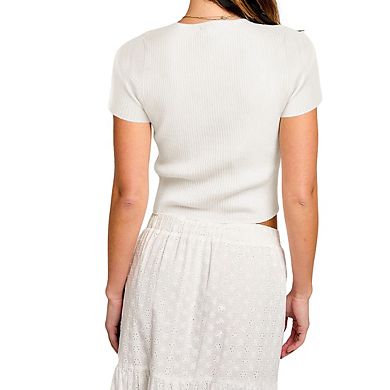 Women's Short Sleeve Crew Neck Ribbed Knit Front Bow Cutout Casual Cropped Top