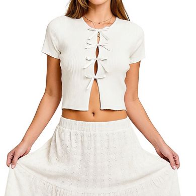 Women's Short Sleeve Crew Neck Ribbed Knit Front Bow Cutout Casual Cropped Top