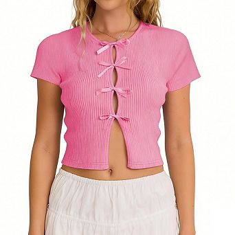 Women's Short Sleeve Crew Neck Ribbed Knit Front Bow Cutout Casual Cropped Top