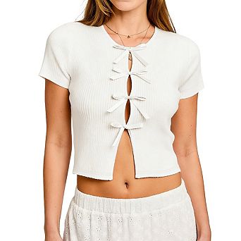 Women's Short Sleeve Crew Neck Ribbed Knit Front Bow Cutout Casual Cropped Top