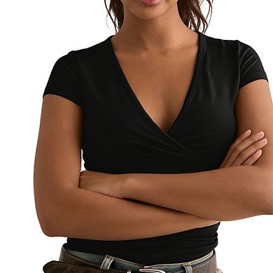 Women's Short Sleeve V Neck Wrap Front Stretchy Slim Fit Casual Cropped Top