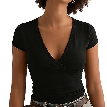Women's Short Sleeve V Neck Wrap Front Stretchy Slim Fit Casual Cropped Top