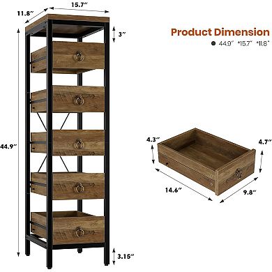 5-Drawers Storage Cabinet, Metal Frame and Solid Wood Drawers, for Kitchen, Bedroom, Living Room