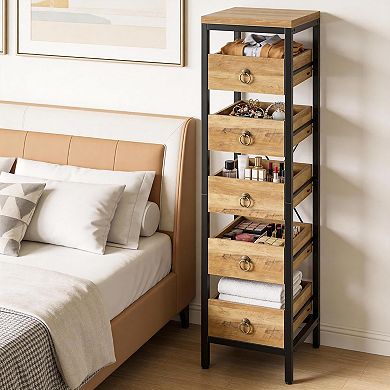 5-Drawers Storage Cabinet, Metal Frame and Solid Wood Drawers, for Kitchen, Bedroom, Living Room