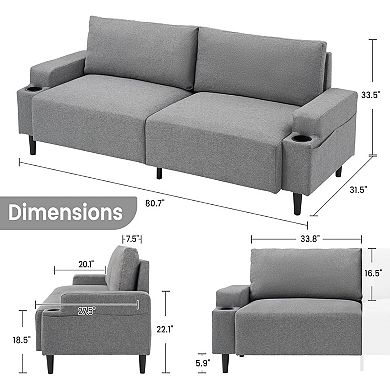 Deep Seat 3-Seater Couch，Modern Sofa with Cup Holders，Extra-Spacious 21-Inch Deep Seat