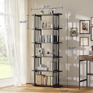 6 Tier Industrial Bookshelf, Metal Frame and Wood Freestanding Open Storage Shelves