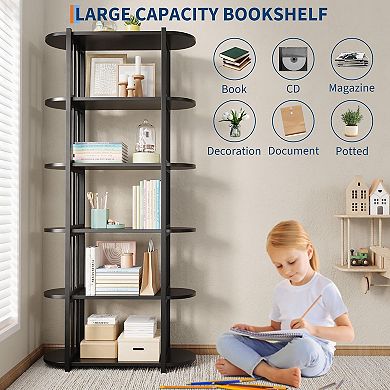 6 Tier Industrial Bookshelf, Metal Frame and Wood Freestanding Open Storage Shelves