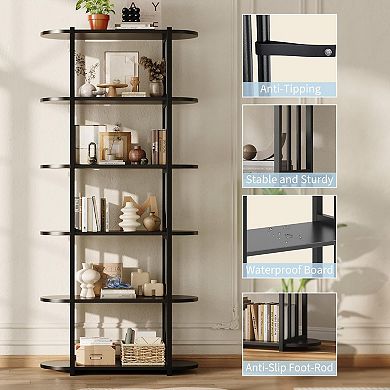 6 Tier Industrial Bookshelf, Metal Frame and Wood Freestanding Open Storage Shelves