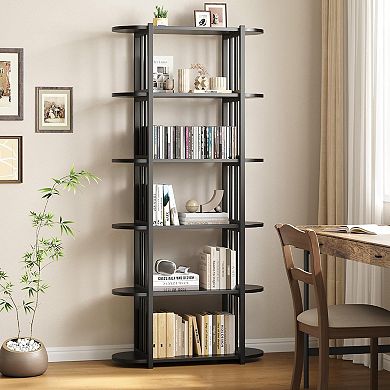 6 Tier Industrial Bookshelf, Metal Frame and Wood Freestanding Open Storage Shelves